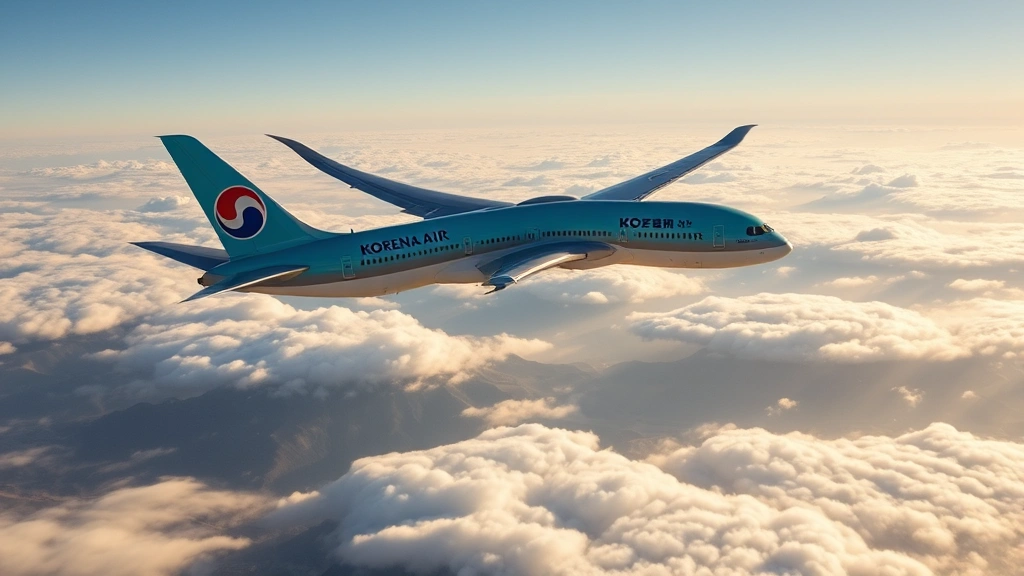 Aerial view of Korean Air Boeing 787 Dreamliner flying over clouds and mountains during daylight, showing aircraft in flight at cruising altitude