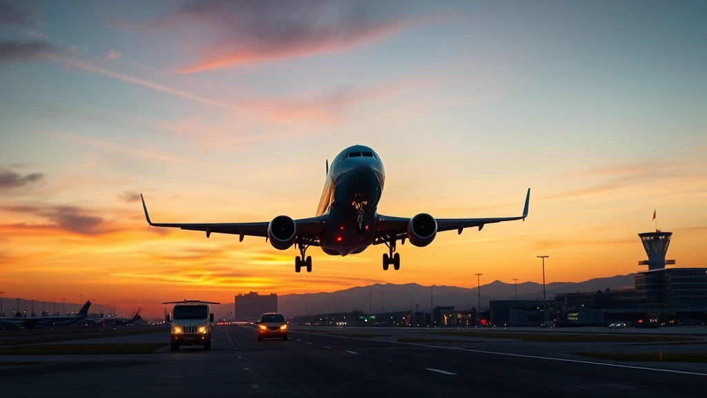 Modern commercial aircraft departing from Los Angeles International Airport at sunset, with runway lights visible and jet engines glowing, realistic airport tarmac scene