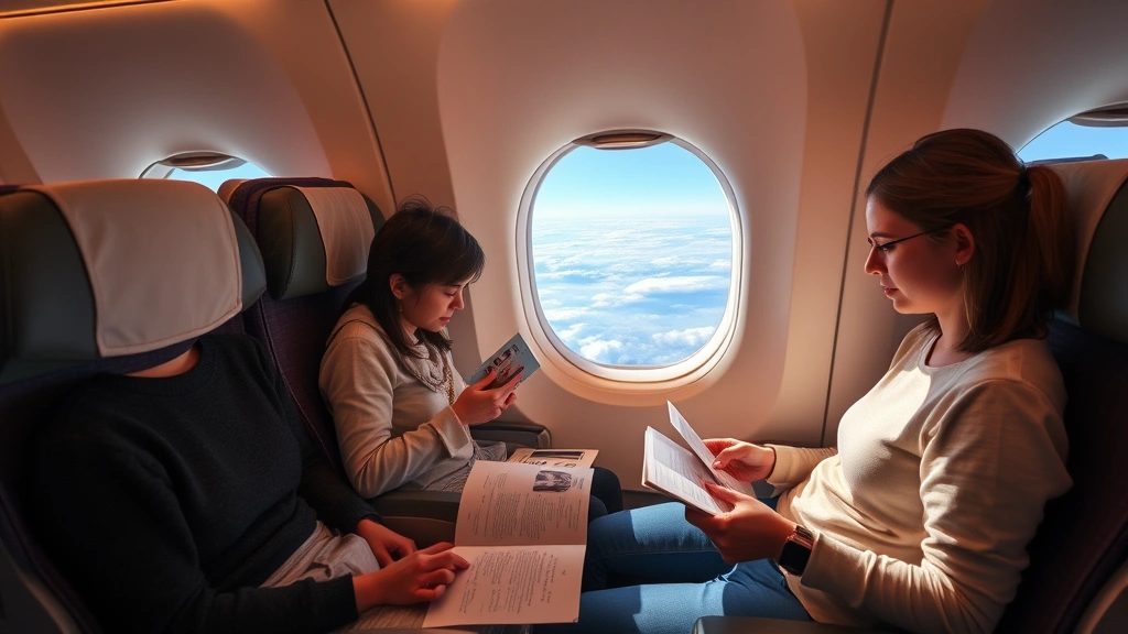 Passengers enjoying comfortable seating in modern aircraft cabin during flight, reading or relaxing with window views of clouds below, warm cabin lighting
