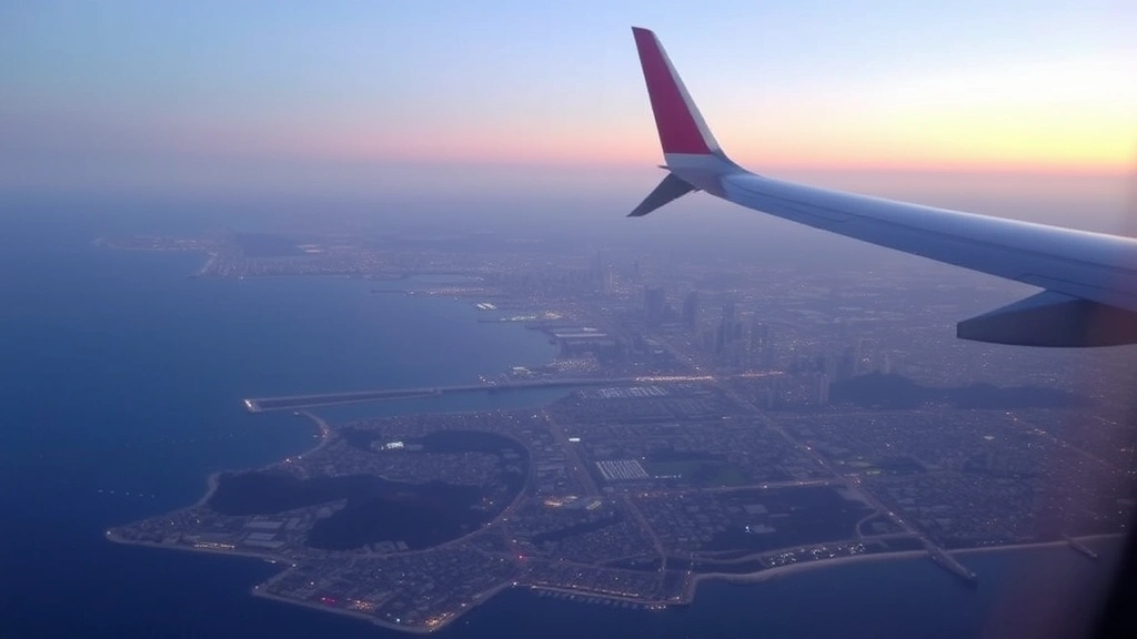 Los Angeles skyline and harbor viewed from aircraft window during approach, city lights and coastline visible, realistic aerial perspective at dusk