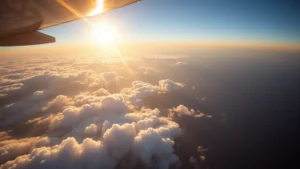 Pacific Ocean aerial photograph during sunrise with golden light illuminating puffy white clouds below aircraft wing, deep blue ocean visible in distance, professional travel photography perspective