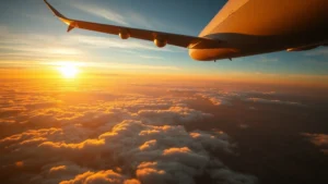 Aerial view of aircraft flying over American landscape at sunset, with golden light illuminating clouds below and continental terrain stretching to horizon, photorealistic wide-angle perspective
