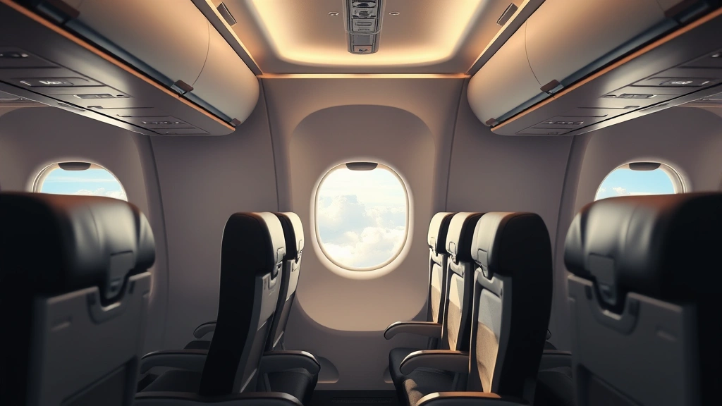 Modern aircraft cabin interior showing empty seats during cruise with overhead bins, window with sunlit clouds visible, neutral cabin lighting, photorealistic passenger perspective