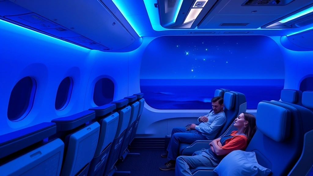 Modern Boeing 787 Dreamliner aircraft interior cabin with sleeping passengers on transpacific flight, blue nighttime lighting, comfortable seats reclined, window view of stars and ocean below, realistic professional photography