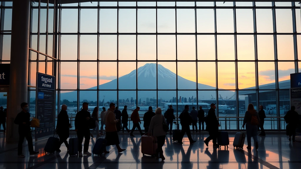 Tokyo Haneda Airport modern terminal with Mount Fuji visible through large windows at sunset, international travelers with luggage, contemporary architecture, natural warm lighting, vibrant travel atmosphere
