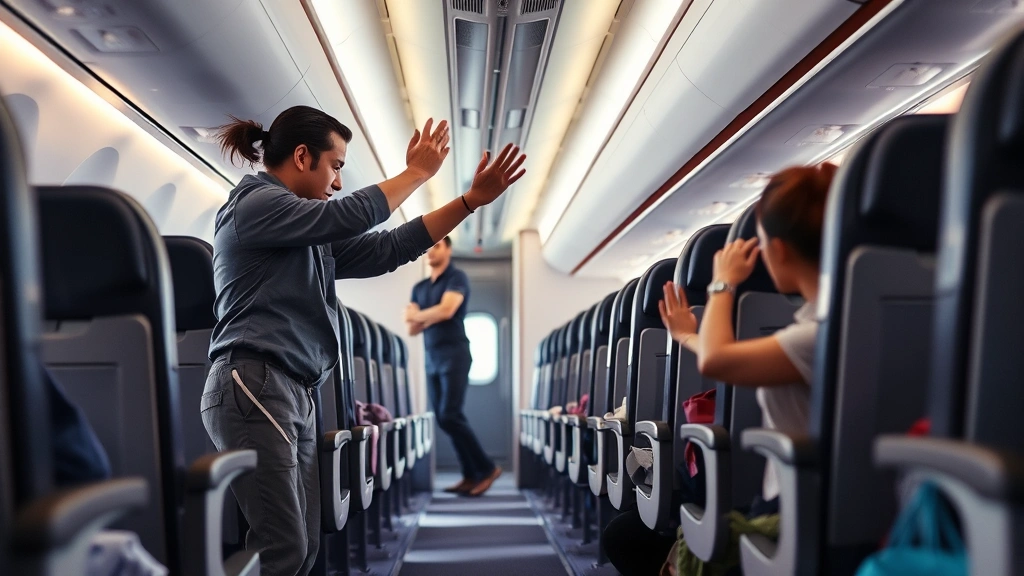 Passenger stretching and moving in aircraft aisle during long-haul flight, cabin crew assisting, comfortable exercise positions, modern aircraft interior, wellness during travel, realistic in-flight scenario