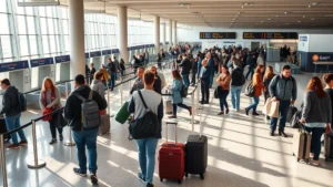 Busy airport terminal with travelers at check-in counters and security lines during peak travel period, natural daylight streaming through windows, diverse passengers with luggage