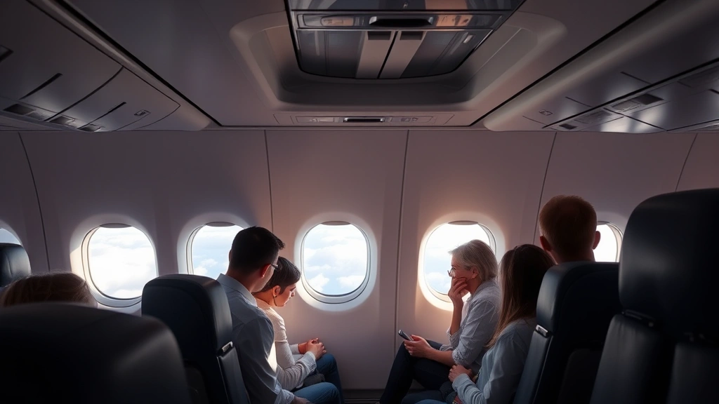 Modern commercial jet aircraft interior cabin during flight with passengers seated, showing window views of clouds and natural daylight