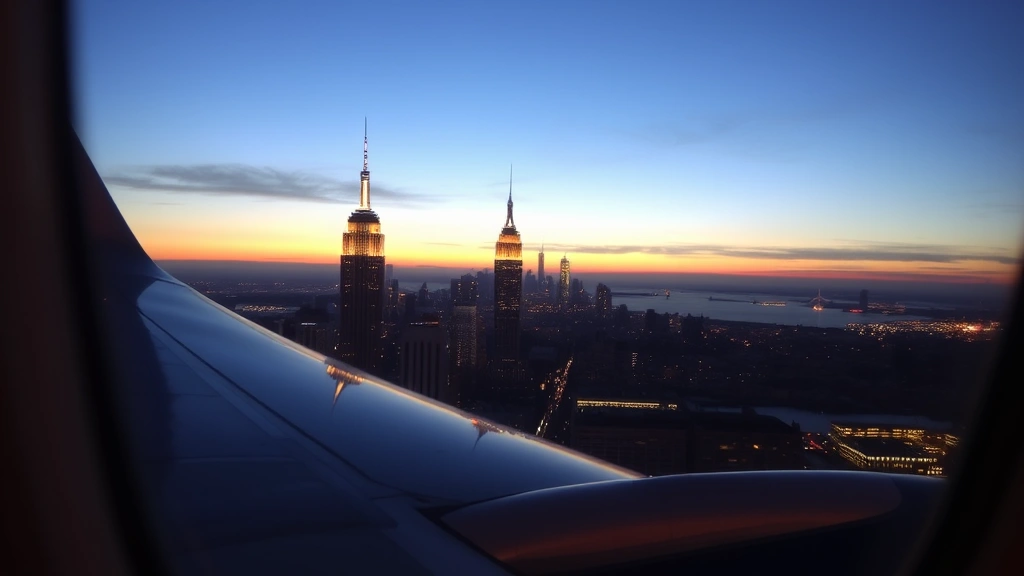 Manhattan skyline at dusk with Empire State Building illuminated, viewed from airplane window at cruising altitude with wing and engine visible