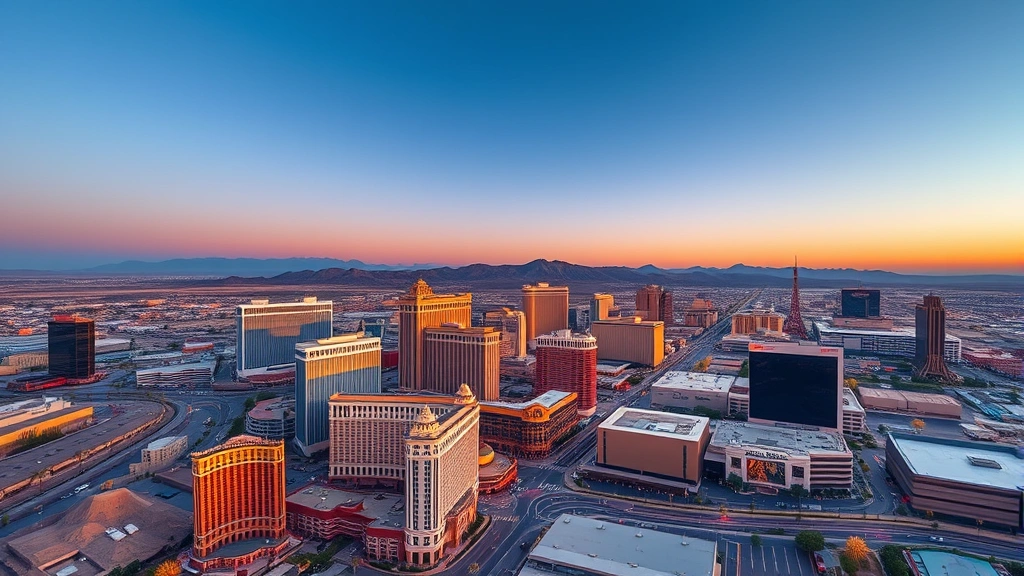 Aerial view of Las Vegas skyline with the Strip at sunset, showing modern hotels and casinos with desert landscape, photorealistic, daytime lighting, wide-angle perspective