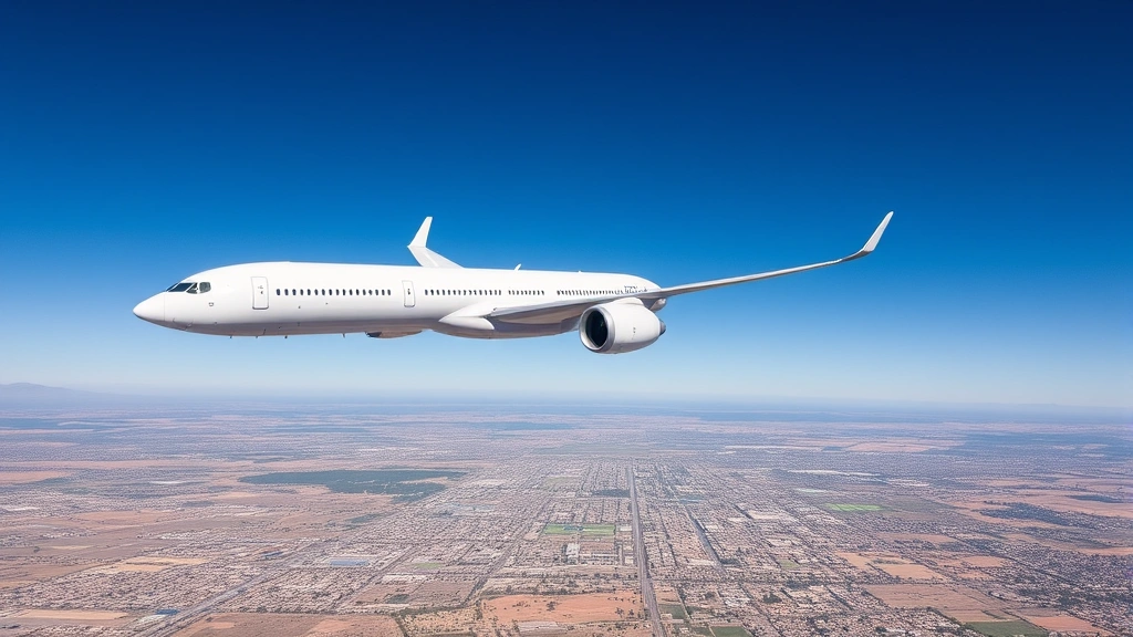 Modern commercial aircraft in flight against blue sky with Phoenix metropolitan area visible below, showing urban sprawl and desert terrain, professional aviation photography