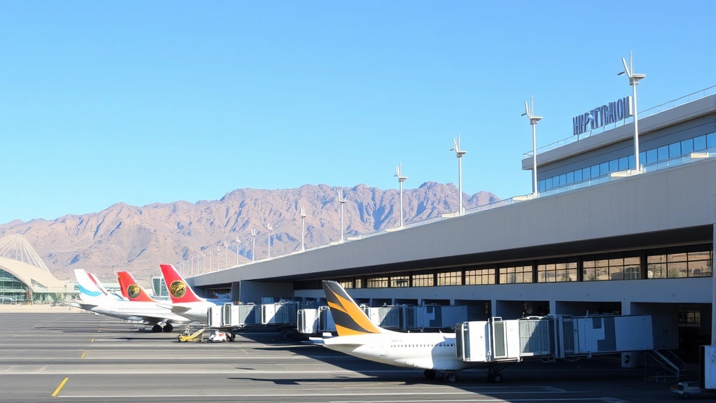 Phoenix Sky Harbor International Airport terminal exterior with planes at gates, modern airport architecture, Arizona desert mountains in background, bright daylight