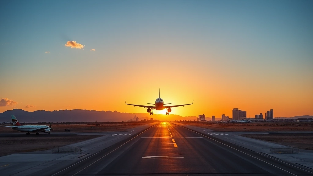 Modern commercial aircraft taking off from desert airport runway at sunset, with Las Vegas skyline visible in distant background, golden hour lighting, clear blue sky with few clouds