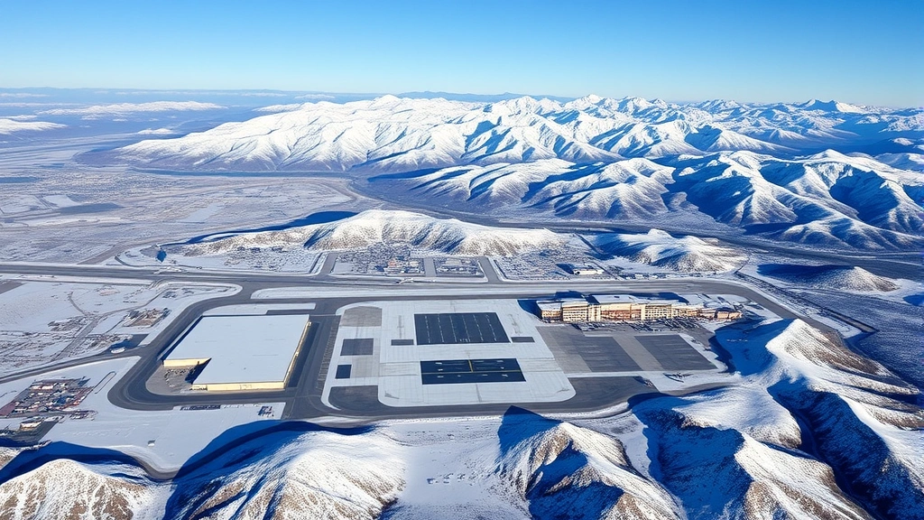 Aerial view of Reno-Tahoe International Airport surrounded by Sierra Nevada mountains covered in snow, winter landscape, aircraft on tarmac, mountain peaks in background