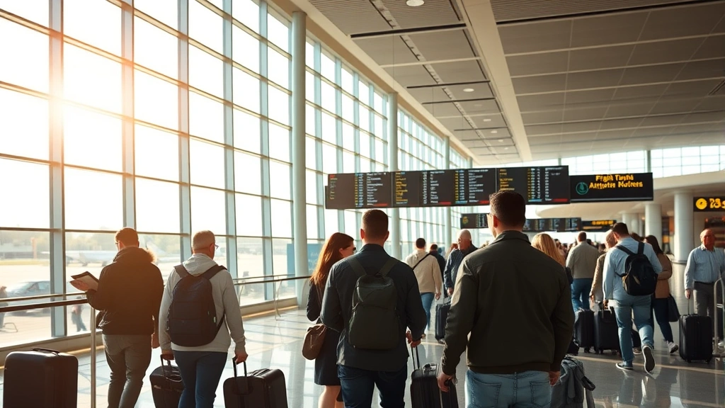 Busy airport terminal with passengers checking flight boards, sunlit modern architecture, glass windows, travelers with luggage, professional airport environment, day lighting