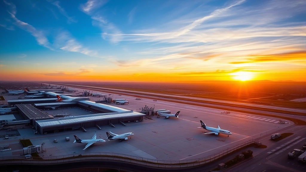 Aerial view of Los Angeles International Airport LAX at sunset with multiple aircraft parked at terminals, runway visible, California landscape in background, professional aviation photography