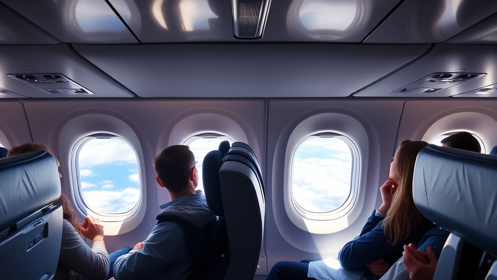Modern commercial aircraft cabin interior during flight with passengers seated, window views of clouds and landscape below, natural daylight streaming through windows, realistic travel setting