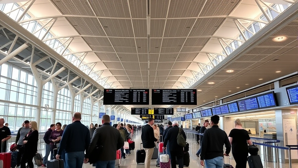 Boston Logan International Airport terminal interior with travelers checking luggage, departure boards visible, modern airport architecture, bustling travel hub atmosphere, daytime lighting