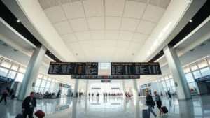 Wide-angle photograph of LAX Tom Bradley International Terminal interior with modern architecture, departure boards, and travelers with luggage, bright natural lighting, professional travel photography style