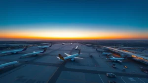 Aerial view of LAX airport with aircraft lined up at terminals at sunset, California coast visible in distance, photorealistic professional airport photography