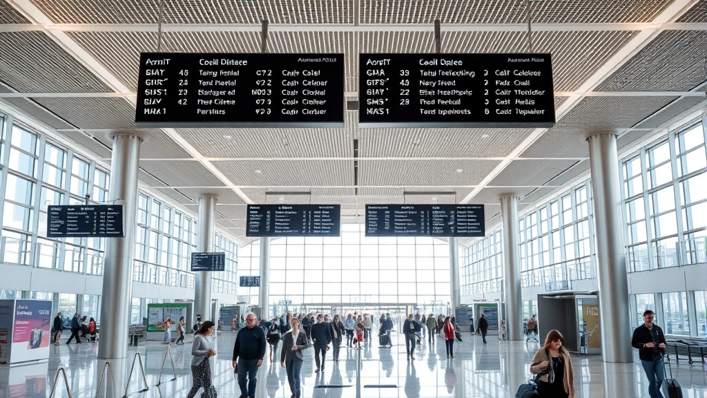 Chicago O'Hare International Airport interior showing modern terminal with travelers walking, departure boards overhead, natural daylight from windows, bustling airport atmosphere