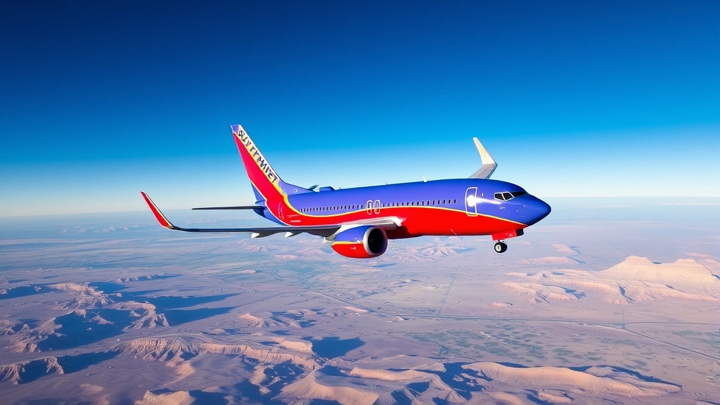 Southwest Airlines Boeing 737 aircraft in flight over desert landscape between Los Angeles and Chicago, blue sky, photorealistic aviation photography showing side profile