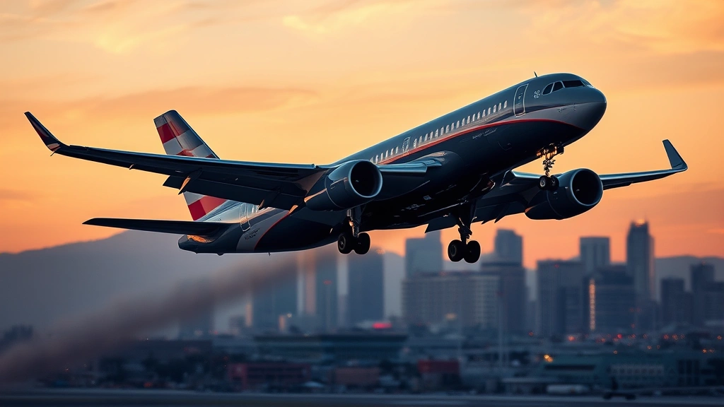 Modern aircraft taking off from LAX airport at sunset with Los Angeles skyline visible in background, cinematic travel photography