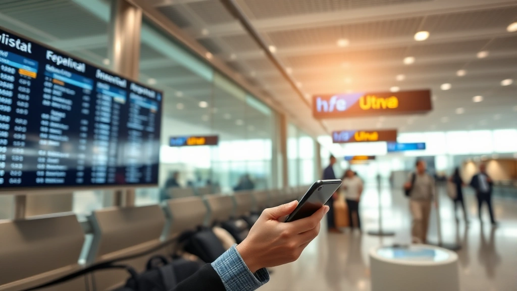 Traveler checking mobile phone at airport gate lounge with flight information display visible, natural lighting, realistic airport environment