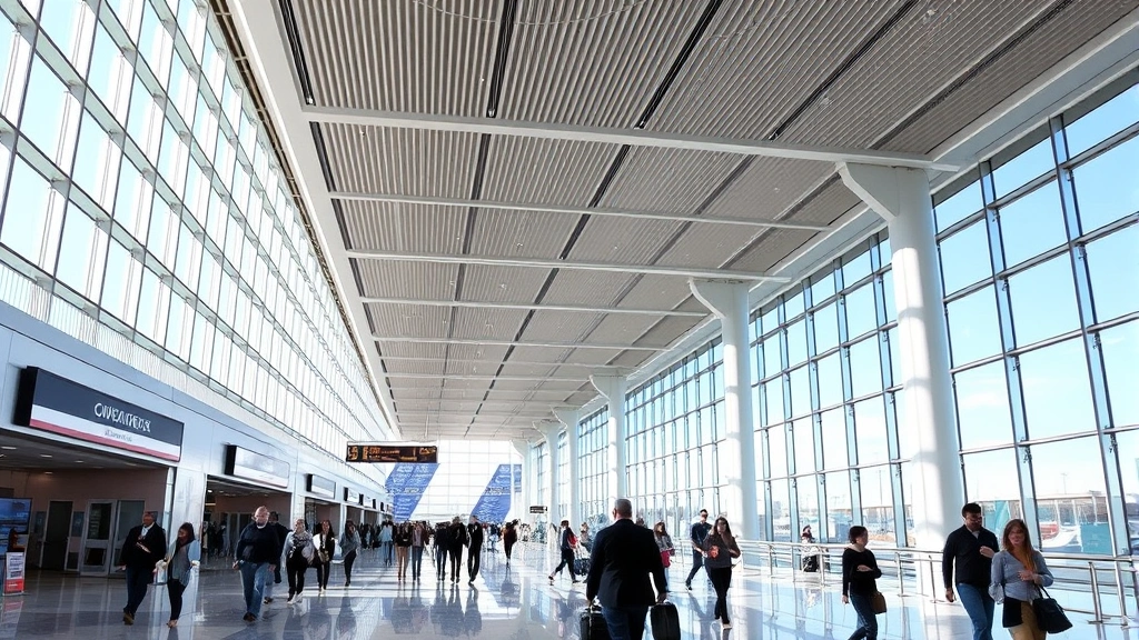 Dallas-Fort Worth airport terminal interior with passengers walking through modern architecture, bright natural lighting, contemporary airport design
