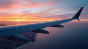 Modern commercial airplane cruising over Los Angeles coastline at sunset, wing visible with Pacific Ocean below, photorealistic cinematic quality