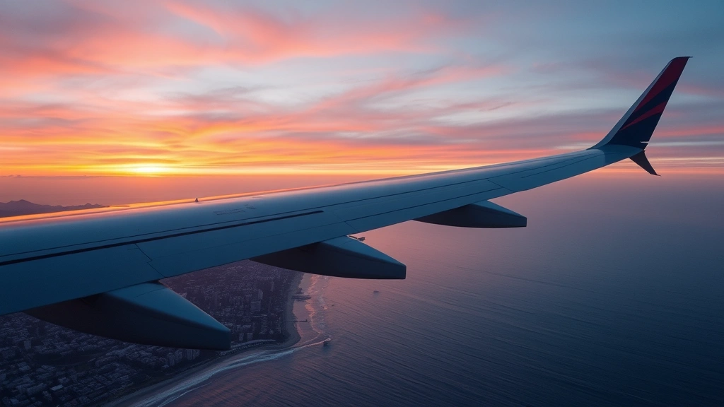 Modern commercial airplane cruising over Los Angeles coastline at sunset, wing visible with Pacific Ocean below, photorealistic cinematic quality