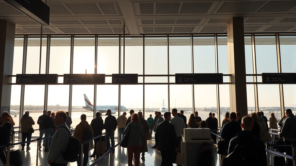 Busy airport terminal with travelers at departure gates, large windows showing aircraft outside, natural daylight streaming in, vibrant travel atmosphere