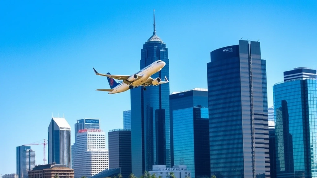 Houston skyline with commercial aircraft descending for landing, modern cityscape with glass buildings, clear blue sky, aviation perspective