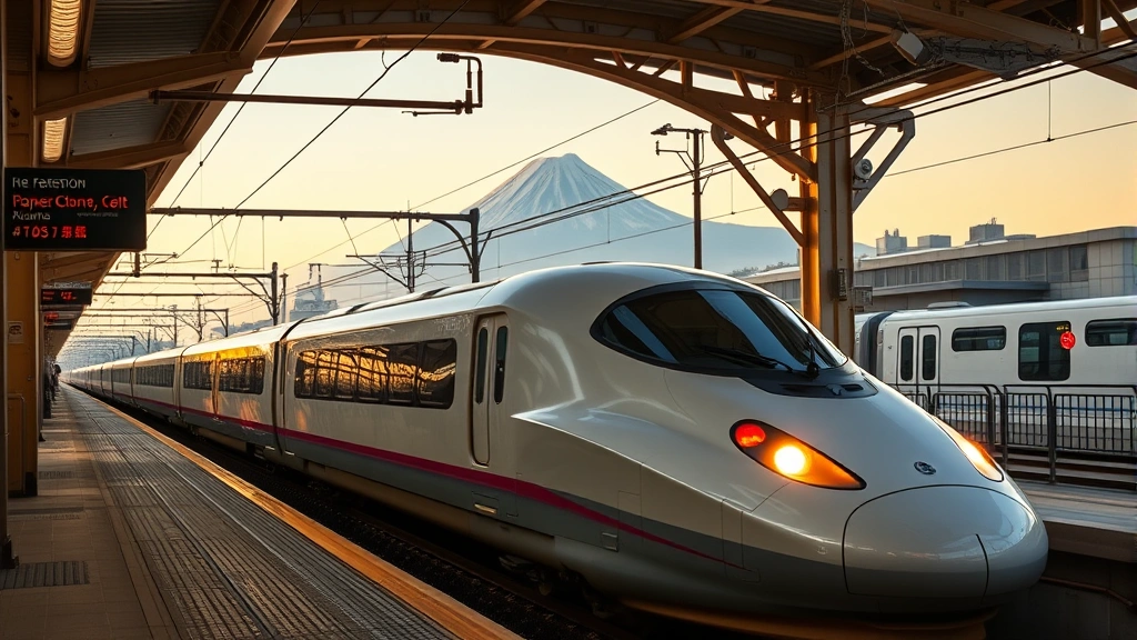 Modern Japanese bullet train (Shinkansen) departing Tokyo Station with Mount Fuji visible in distant background, professional travel photography, no signage text