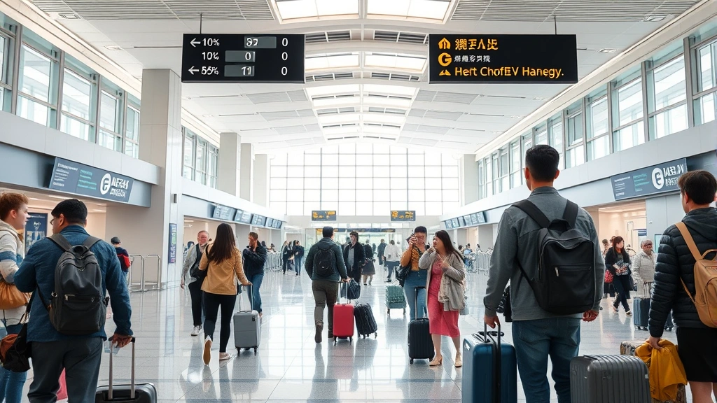 Haneda Airport Tokyo departure hall with travelers with luggage, bright modern architecture, bustling but clear, photorealistic, no visible text or signage