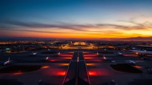 Aerial view of Los Angeles International Airport at sunset with commercial aircraft on tarmac and runway lights, professional aviation photography