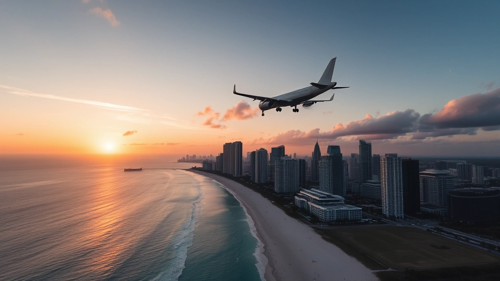 Aerial view of Miami skyline with turquoise ocean and white sandy beaches at sunset, commercial airplane flying overhead approaching landing
