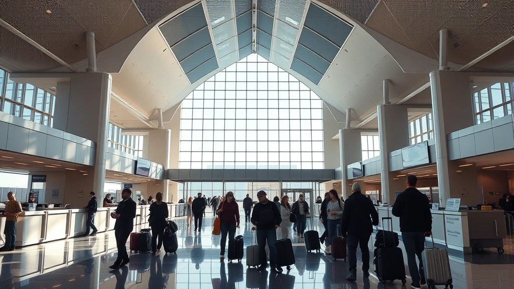 LAX airport terminal interior with modern architecture, travelers with luggage at check-in counters, bright natural lighting from large windows