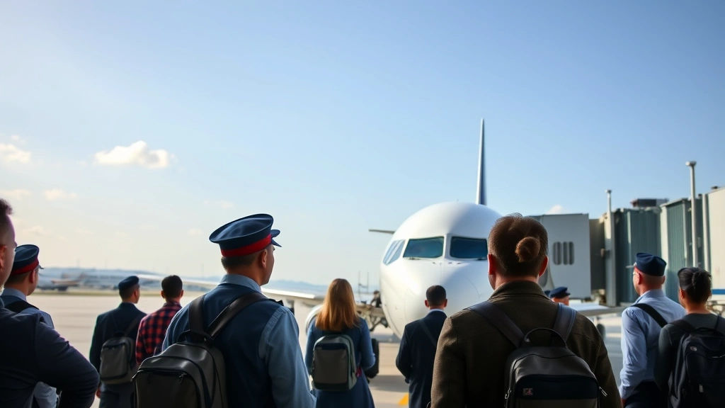 Passengers boarding commercial aircraft at gate, flight attendants greeting boarding travelers, airplane exterior visible through jetway, professional atmosphere