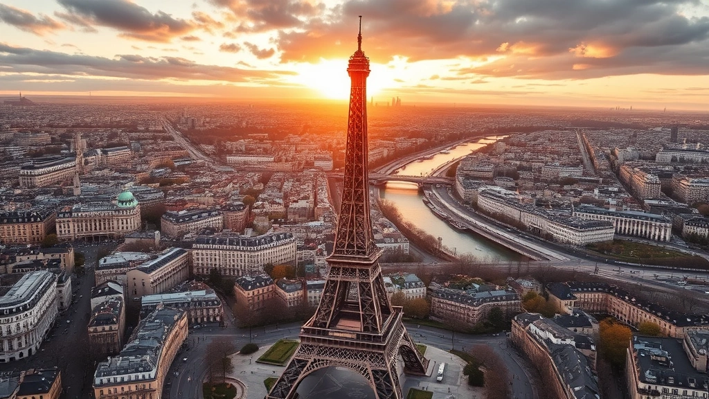 Eiffel Tower and Paris cityscape at golden hour with Seine river visible, showing typical tourist destination scenery from above, romantic European atmosphere, daytime photography