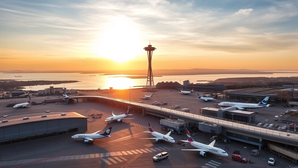 Aerial view of Seattle-Tacoma International Airport with Space Needle visible in background, modern aircraft at gates, sunrise lighting over Puget Sound