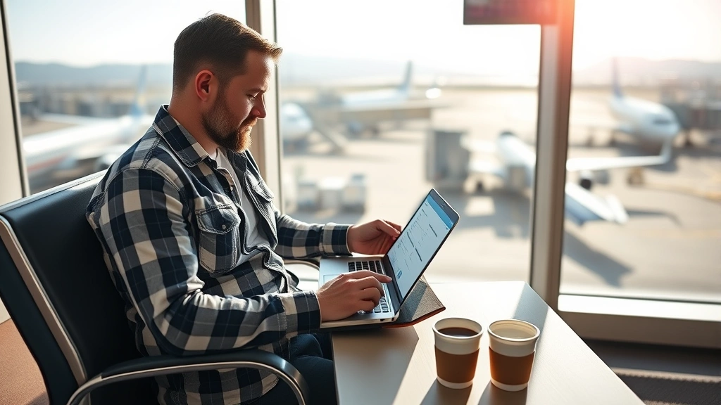 Travel planner sitting at airport terminal with laptop comparing flight prices, coffee cup nearby, bright natural window lighting, Pacific Northwest scenery visible outside