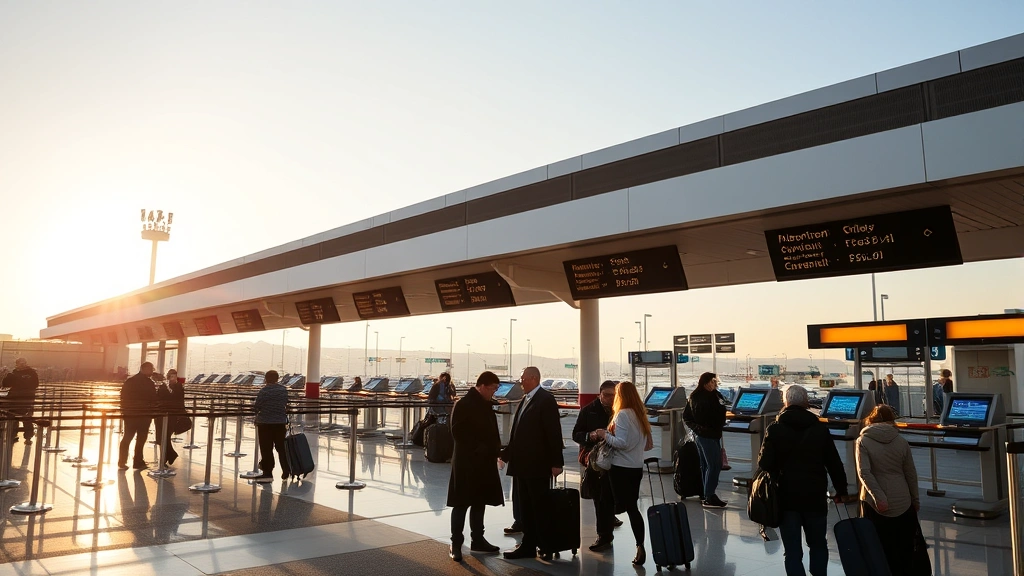 Los Angeles International Airport departure level with multiple airline counters and travelers with luggage, morning light, clear California sky