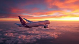 Aerial view of Boeing 787 Dreamliner cruising over Pacific Ocean at sunset with clouds below, realistic photography