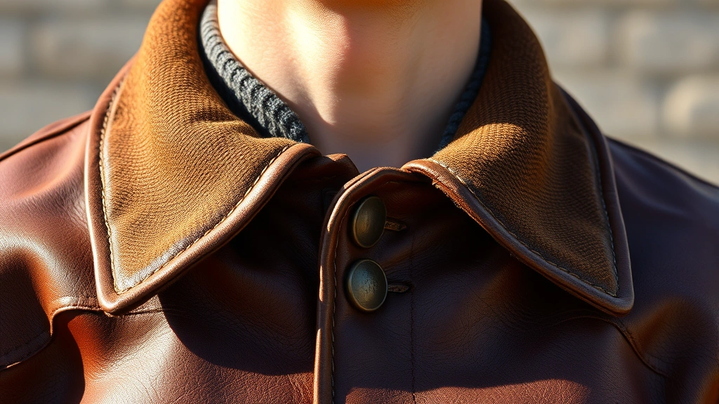 Detailed view of vintage leather flight jacket collar and upper chest area showing quality stitching, knit collar construction, and authentic hardware buttons against natural daylight