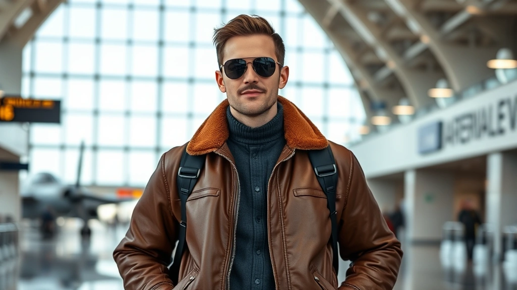 Professional pilot or traveler wearing classic brown leather A-2 flight jacket in modern airport terminal, confident posture, natural lighting, sophisticated casual appearance, genuine aviation setting