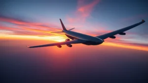 Aerial view of transatlantic aircraft flying over the Atlantic Ocean with sunrise or sunset light, professional aviation photography, wide-angle perspective showing the curvature of the horizon