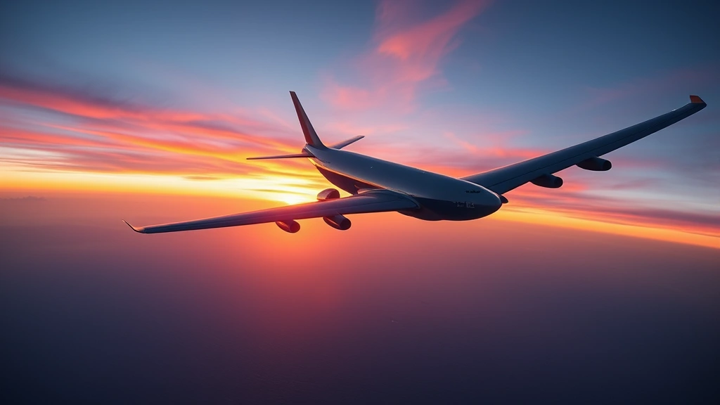 Aerial view of transatlantic aircraft flying over the Atlantic Ocean with sunrise or sunset light, professional aviation photography, wide-angle perspective showing the curvature of the horizon