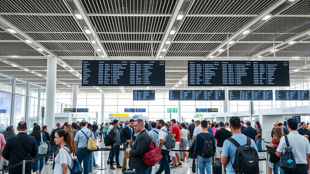Modern airport terminal interior showing diverse passengers checking in at departure counters, boarding areas with departure boards visible in background, busy but organized atmosphere