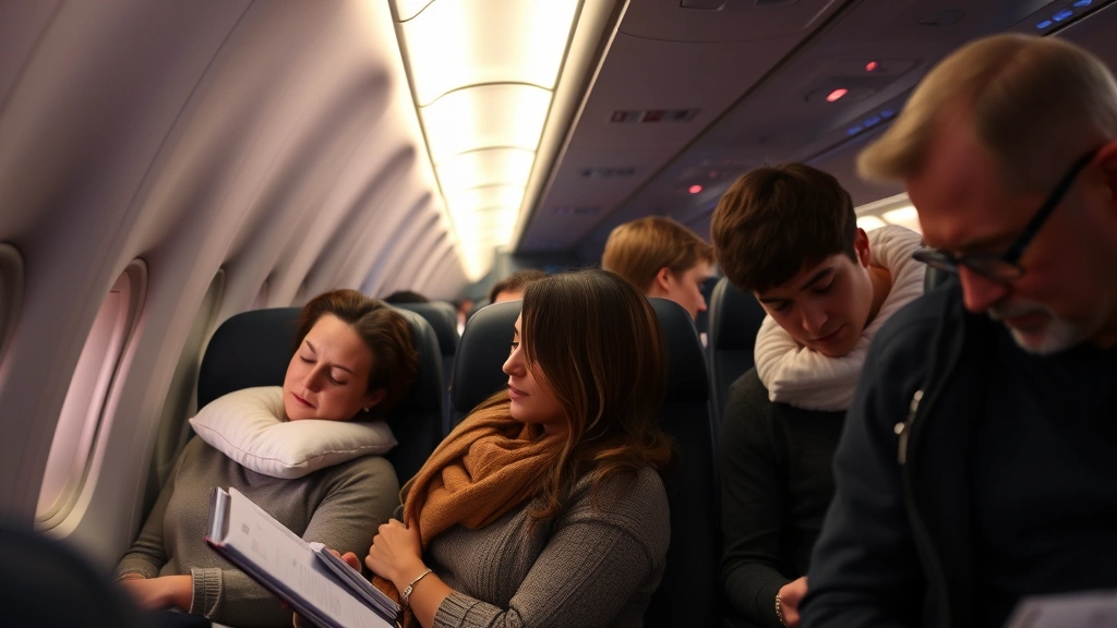 Passengers in aircraft cabin during long-haul flight, some sleeping with pillows, others reading or using entertainment screens, comfortable economy seating arrangement, warm cabin lighting